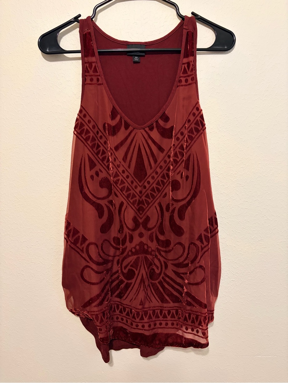 Women's Sleeveless Velvet Burnout Top Burgundy Romantic Whimsygoth Victorian